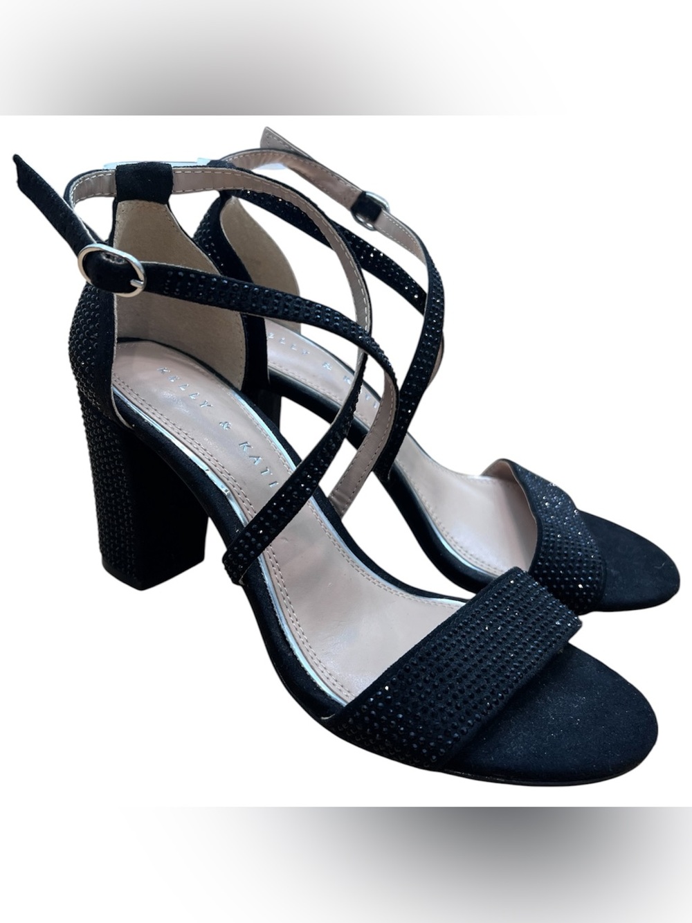 Kelly & Katie Women’s Black Rhinestone Block Heels Ankle Strap Sandals Size 6M